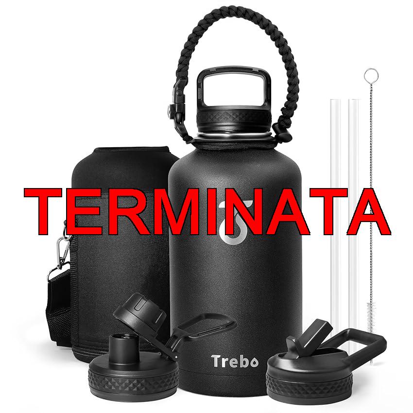 Trebo Borraccia Termica, Borraccia con Cannuccia Borraccia acciaio inox fredda per 48 ore Borraccia Termica Bottiglia in Metallo con Manico in Paracord, 1893 ml, Nero