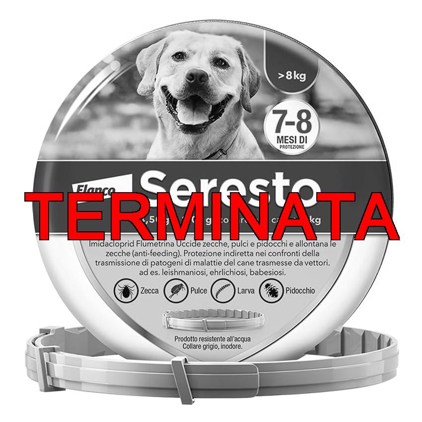 Seresto collare antiparassitario per cani oltre 8 kg. Elimina pulci, zecche, pidocchi e protegge dal rischio di trasmissione della leishmaniosi fino a 8 mesi.