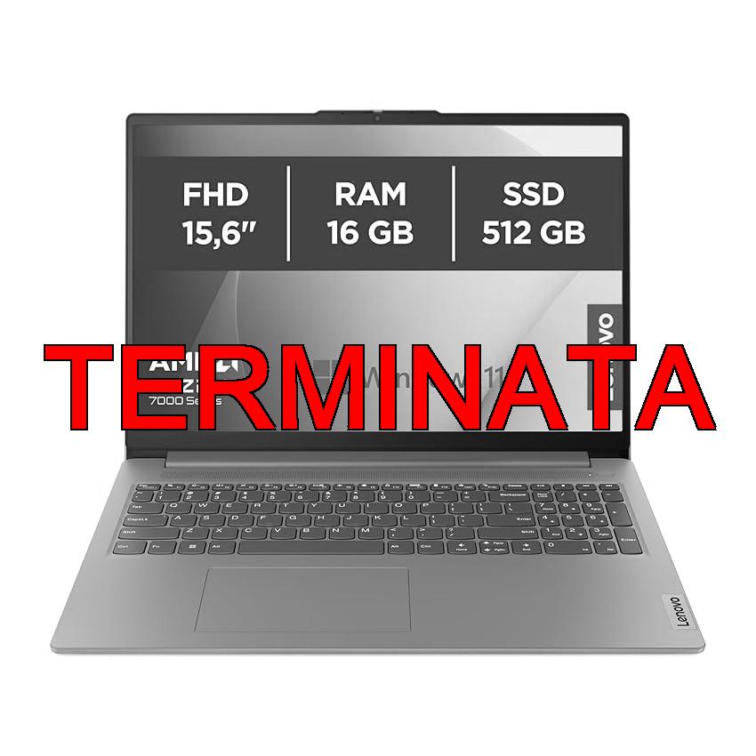 Lenovo IdeaPad Slim 3 Notebook 15,6” FHD (1920×1080), AMD Ryzen 5 7520U, RAM 16GB, 512GB SSD, Grafica Integrata, WiFi 6, Windows 11 Home – Arctic Grey