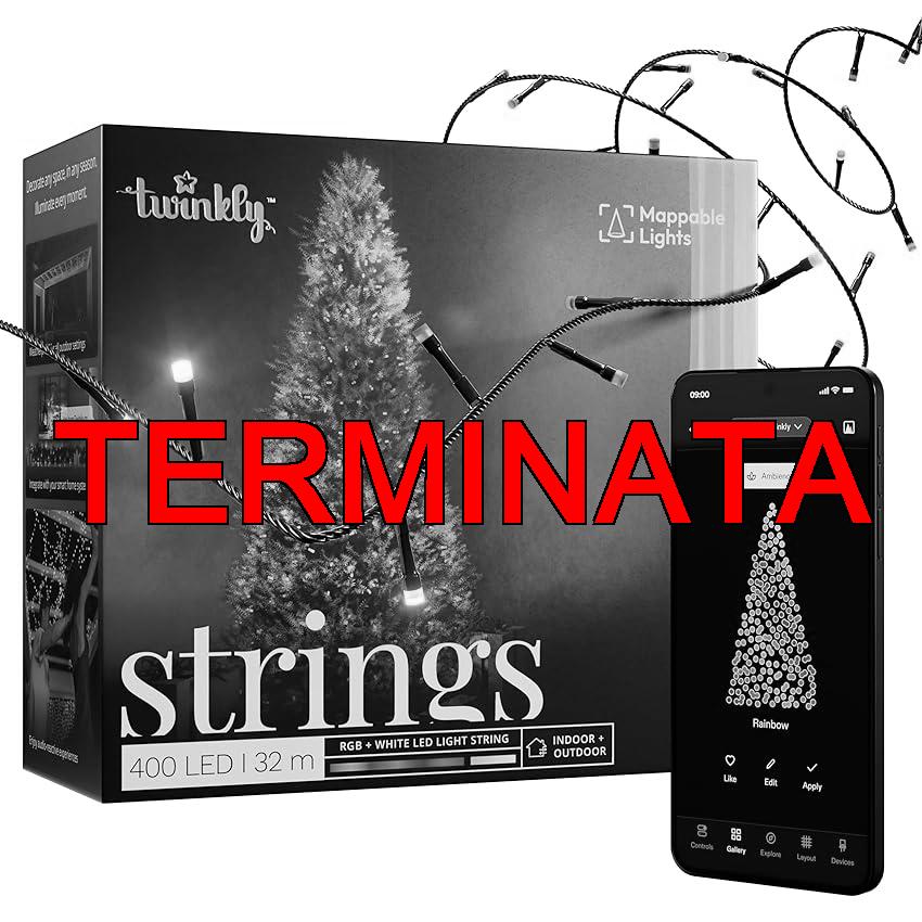 Twinkly Strings 400 LED RGB+Bianco, Striscia di Luci LED per Esterno e Interno, Luci Smart Multicolore, Compatibile con Alexa e Google Home, Luci Mappabili, IP44, Controllo App, Filo Nero, 32m