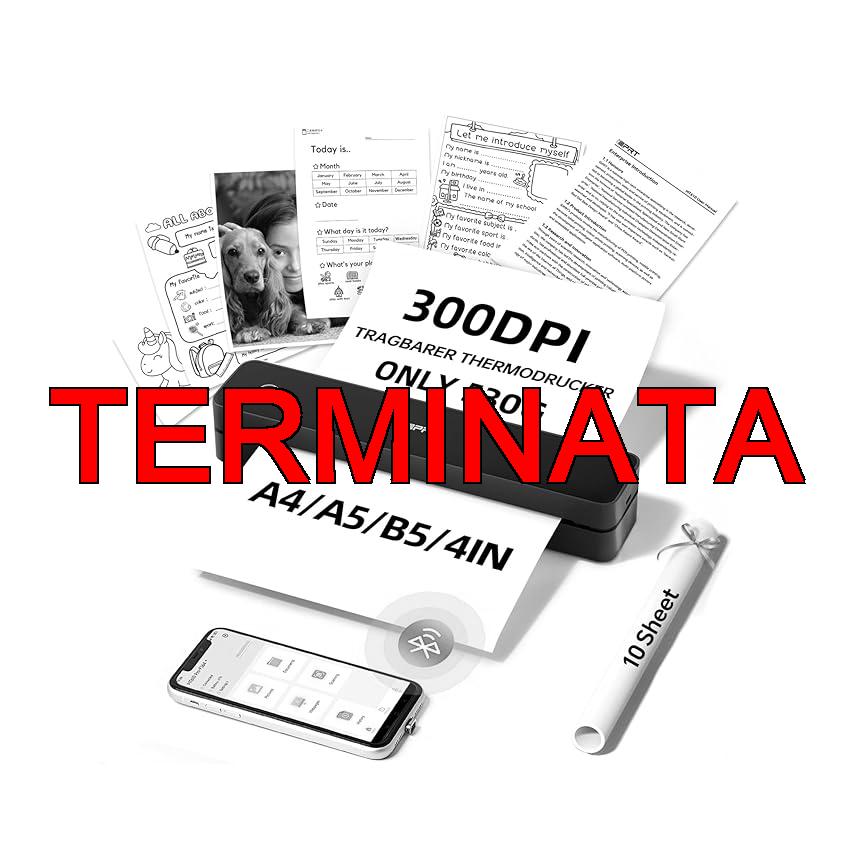 iDPRT MT610 Pro Stampante Portatile A4, Stampante Termica Densità di 300 DPI Compatibile con Laptop, PC, iOS, Android, Smartphone via Wireless Bluetooth, Mac, Windows via USB, Colore Nero