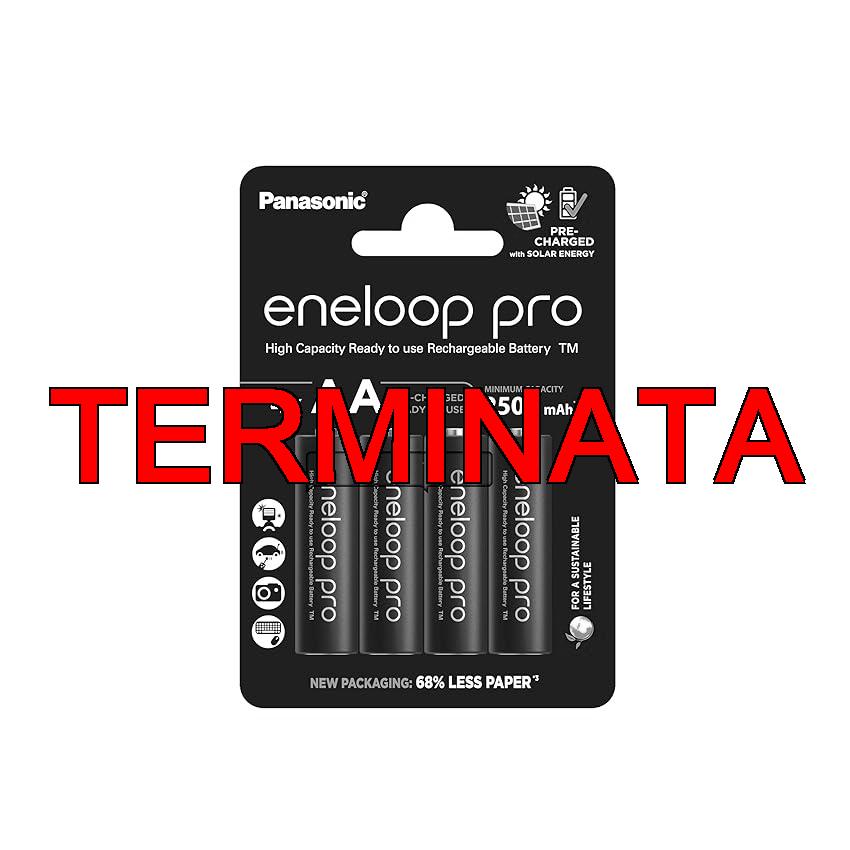 eneloop pro, batterie ricaricabili AA, Mignon, confezione da 4, capacità di min. 2500 mAh, batterie Ni-MH, pronte all’uso, ricaricabili fino a 500 volte, confezione senza plastica, pro, nere