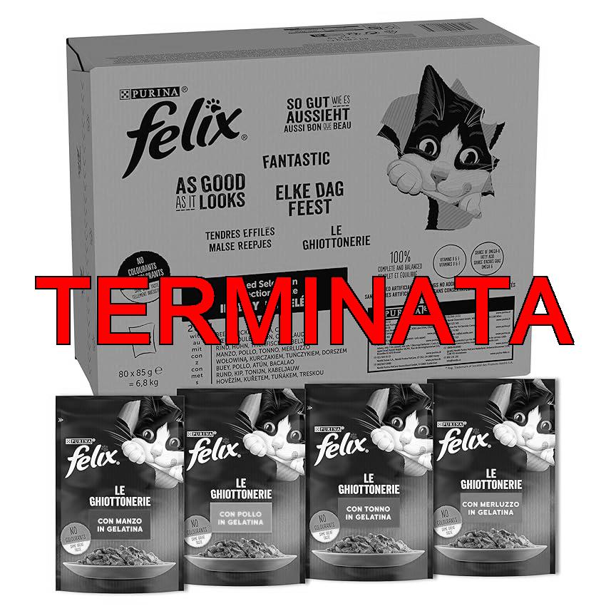 FELIX Le Ghiottonerie Cibo Umido Gatti Adulti Bocconcini in Gelatina con Manzo, Pollo, Merluzzo e Tonno – 80 Bustine da 85 g, Cibo Umido Gatti per l’alimentazione Quotidiana