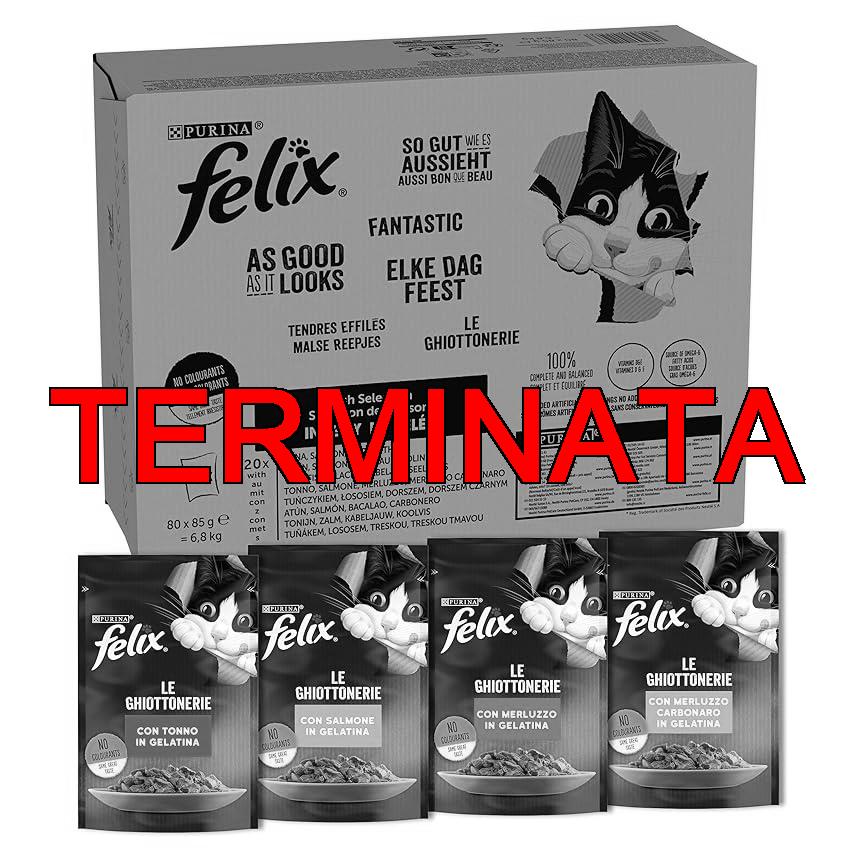 FELIX Le Ghiottonerie – Cibo Umido per Gatti Adulti, Bocconcini in Gelatina con Tonno, Salmone, Merluzzo e Merluzzo Carbonaro, 80 Buste da 85 g
