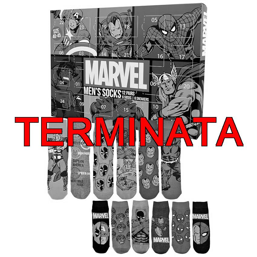 United Labels Marvel Calendario dell’Avvento con 12 paia di calzini da uomo, taglia 40-45, calendario con sneakers e calzini lunghi, calendario natalizio regalo