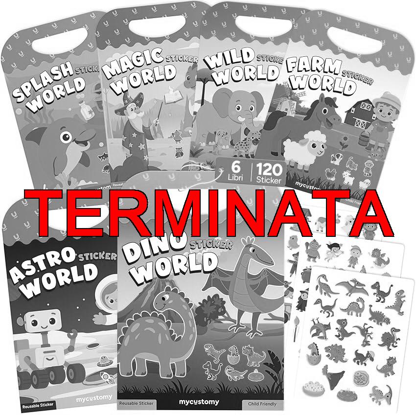 mycustomy – 6 Libri Stickers Bambini Attacca Stacca 1+ BPA Free con 120 Adesivi Riutilizzabili e Lavabili