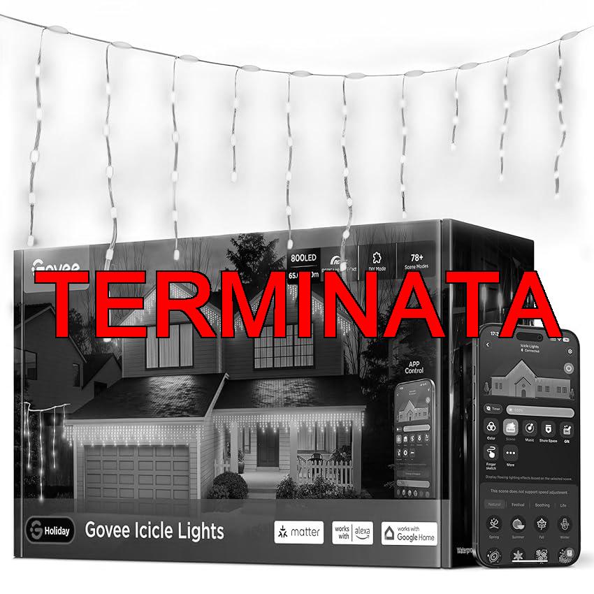 Govee Tenda Luminosa 20M, RGBIC Intelligenti Luci da Esterno Cascata con 800 LED per Decorazioni Natale, IP67, Sincronizzazione Musicale, 78+ Modalità Scena, Compatibile con Alexa, 2 Rotoli da 10M