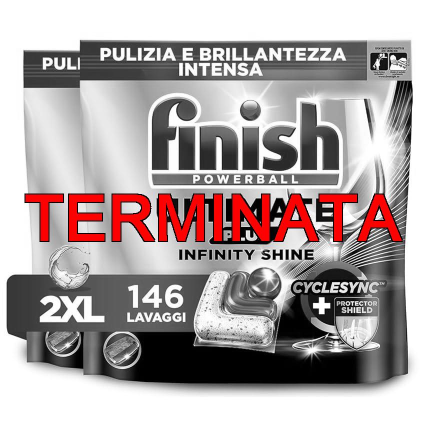 Finish Ultimate PLUS Infinity Shine Capsule Lavastoviglie, 146 Capsule, Detergenti per Lavastoviglie contro lo Sporco e i Residui Incrostati (Confezione da 2)
