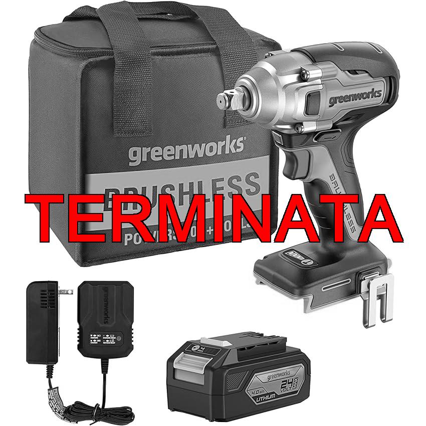 Greenworks GD24IW400K4 Bullonatrice a Impulsi a Batteria, Brushless, 0-2800 giri/min, 0-4000ipm, 400Nm di Coppia, Attacco Quadrato 1/2