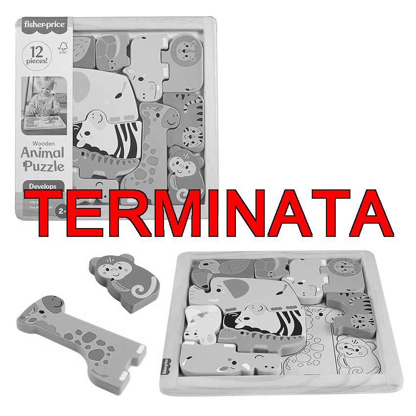 Fisher-Price – Puzzle Animali in Legno, set cercaforme con 12 blocchi in legno a forma di animali e 1 vassoio con linee da seguire, giocattolo per bambini, 2+ anni, JFG10