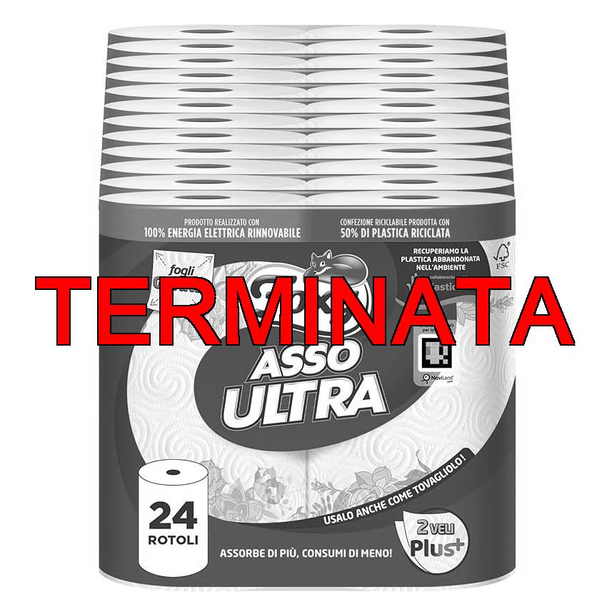 Foxy Asso Ultra |Asciugatutto 24 rotoli| Veli Plus+ Assorbenti e Resistenti | Decorato|100% Energia elettrica rinnovabile| Confezione riciclabile prodotta con plastica riciclata