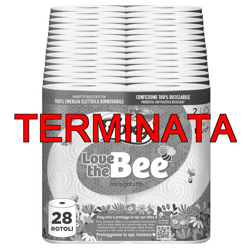 Foxy Love the Bee | Asciugatutto 28 rotoli da 60 strappi | 2 veli elevato spessore | FSC |100% Energia elettrica rinnovabile| Confezione riciclabile prodotta con plastica riciclata
