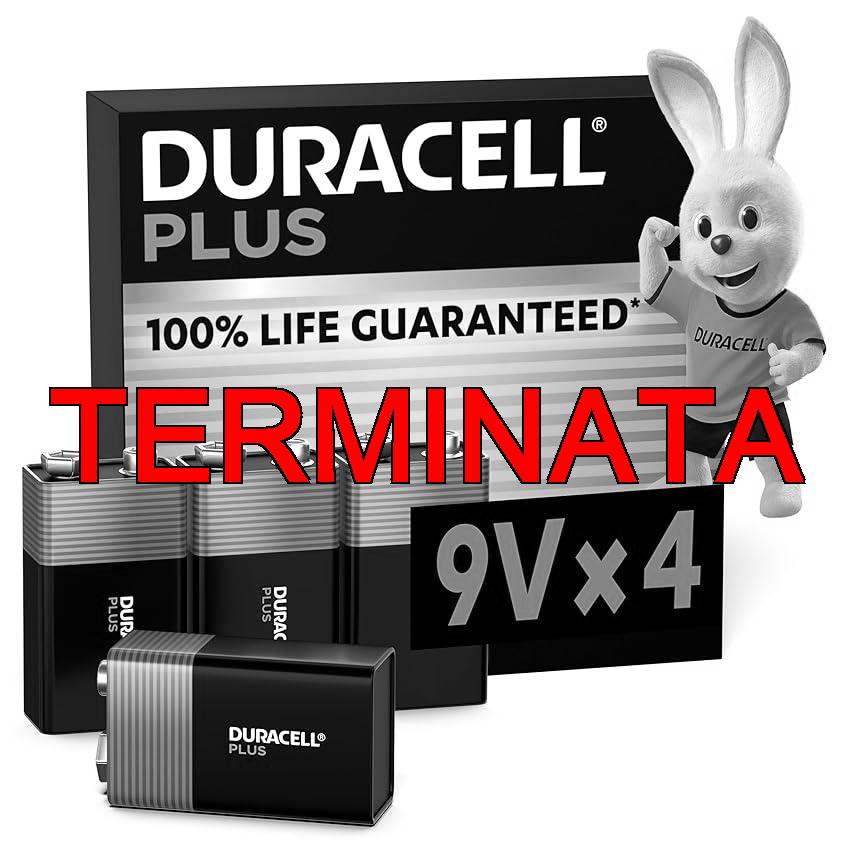 DURACELL Batterie Plus 9V (pacco da 4) - Pile Alcaline - Fino al 100% di extra durata - Affidabilità per i dispositivi a uso quotidiano - 0% plastica - 5 anni di conservazione - 6LR61 MN1604