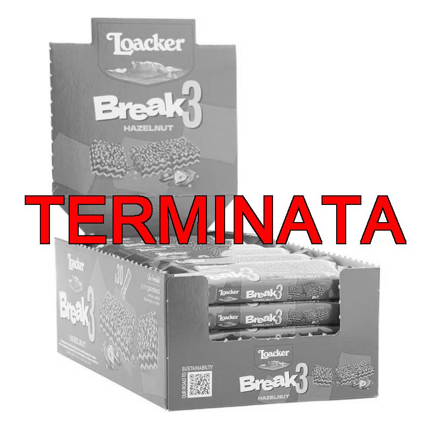 Loacker, Break3, Barrette con Crema alle Nocciole 100% Italiane e Ripieno di Friabili Cialde Crispies, Snack Croccante e Gustoso, Formato Convenienza, Confezione Display da 30 Barrette Monoporzione