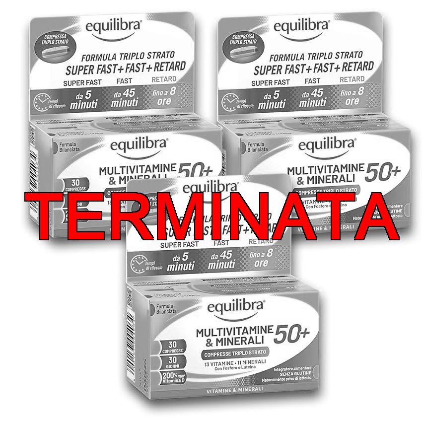 Equilibra Integratori Alimentari, Multivitamine & Minerali 50+, Integratore Formula Potenziata, per Energia, Sostegno, Funzioni Cognitive, 3 Pezzi da 30 Compresse Triplo Strato a Rilascio Graduale
