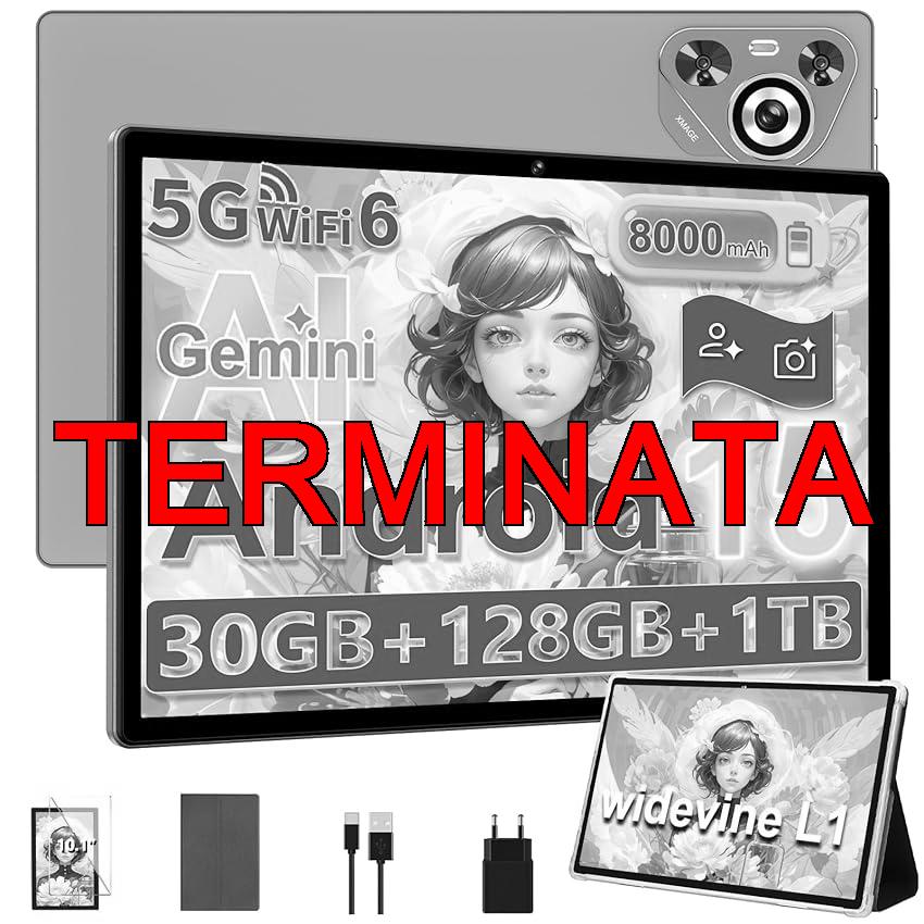 Dghrti Tablet Android 15, Schermo IPS HD 10 Pollici, 30 GB RAM e 128 GB + Estensione 1TB TF, Octo-Core e 8000mAh, WiFi 6, Widevine L1-5+8 MP, Telaio in Metallo, Tablet touch con Custodia- Grigio