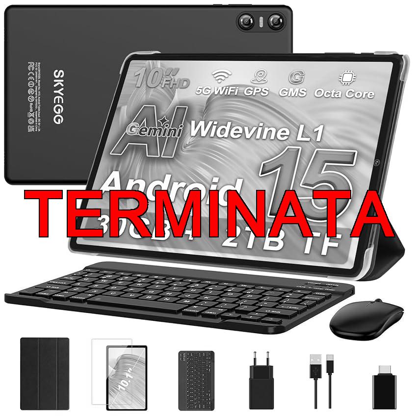 SKYEGG Tablet 10 Pollici Android 15 con Gemini AI, 30GB RAM + Espandibile 2TB ROM, Octa-Core, Widevine L1, WiFi 5G, BT5.0, Fotocamere 8MP, 5MP, 6000mAh, con Tastiera, Mouse e Custodia – Nero Scuro