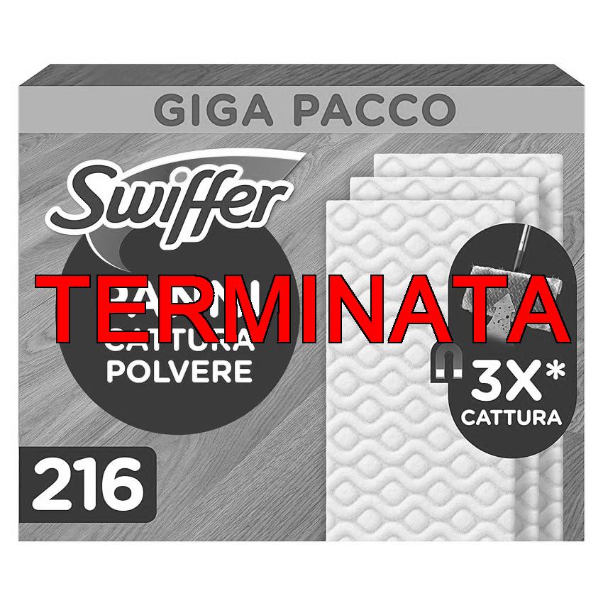 Swiffer Panni Cattura Polvere, 216 Panni Microfibra Dry, Cattura Polvere e Sporco, Ottimo per Tutti i Tipi di Pavimenti e per i Peli di Animali, Giga Formato