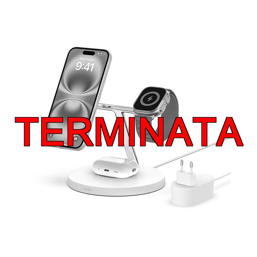 Belkin Caricabatterie wireless 3 in 1 con MagSafe, caricatore wireless rapida per iPhone (15 W) e per Apple Watch, stazione di ricarica per iPhone 15, 14, 13, 12, Apple Watch e AirPods – bianco