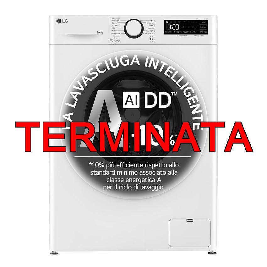 LG AI DD D4R3009NSWW Lavasciuga Classe A -10%, D, 9 ,  6kg, Serie R3, Lavatrice e Asciugatrice Insieme, 1400 giri, Lavaggio a Vapore, Eco Hybrid, Allergy Care, Motore Inverter Direct Drive, Bianca
