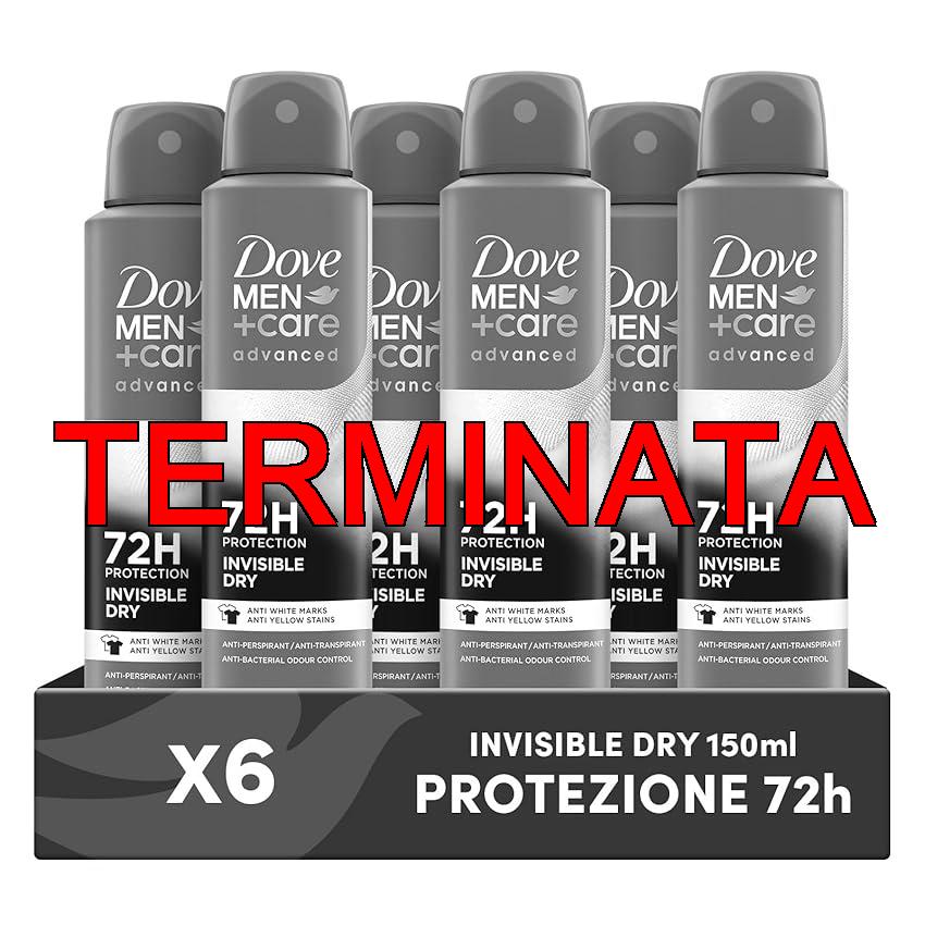 Dove Deodorante Dove Men + Care Invisible Dry Spray Advanced Care, Deodorante Uomo, con 1, 4 Crema Idratante, Formula Idratante e Anti-Macchia, Protezione Fino a 72 Ore, 6 Pezzi da 150 ml
