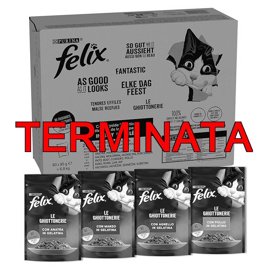 FELIX Le Ghiottonerie – Cibo Umido per Gatti Adulti, Bocconcini in Gelatina con Manzo, Pollo, Anatra e Agnello, 80 Bustine da 85 g