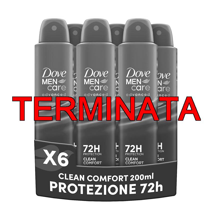 Dove Deodorante Dove Men + Care Clean Comfort Spray Advanced Care, Deodorante Uomo, con 1, 4 Crema Idratante, Formula Idratante e Delicata sulla Pelle, Protezione Fino a 72 Ore, 6 Pezzi da 200 ml