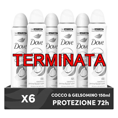 Dove Deodorante Spray Advanced Care Go Fresh Cocco e Fiori di Gelsomino, Formula Idratante e Delicata sulla Pelle, Senza Alcol, Pelle Asciutta Fino a 72 Ore, Deodorante Uomo e Donna, 6 Pezzi da 150ml