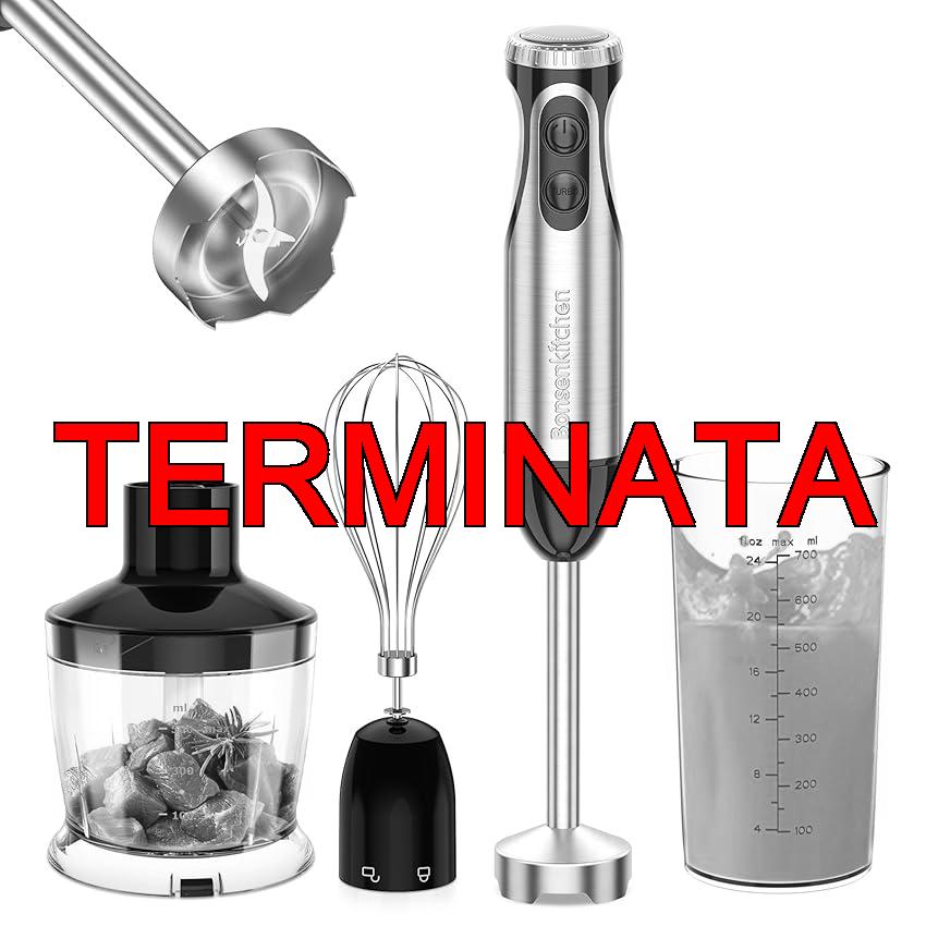 Bonsenkitchen Frullatore a Immersione Multifunzione 4 in 1, Minipimer in Acciaio Inox, 1000 W, 20 Velocità Regolabili, con Frusta, Tritatutto da 500 ml e Misurino da 700 ml, HB3203