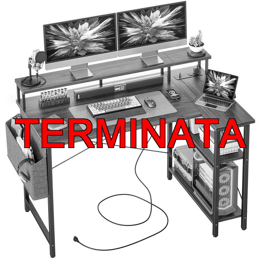 BEXEVUE Scrivania Angolo con LED Ciabatta – 120x70cm Grande Tavolino Computer Forma L Ripiani Portaoggetti, Scrivania Angolare Reversibile Gaming Informatica, Studio Gioco Lavoro Casa Camera da Letto