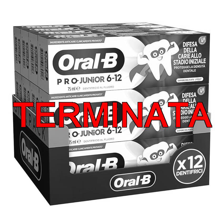 Oral-B Dentifricio Pro Junior 12x75ml, Dentifricio per Bambini dai 6 anni in su, Formato Convenienza Denti Forti, Prevenzione Carie, Sapore Delicato, Pulizia Denti Efficace