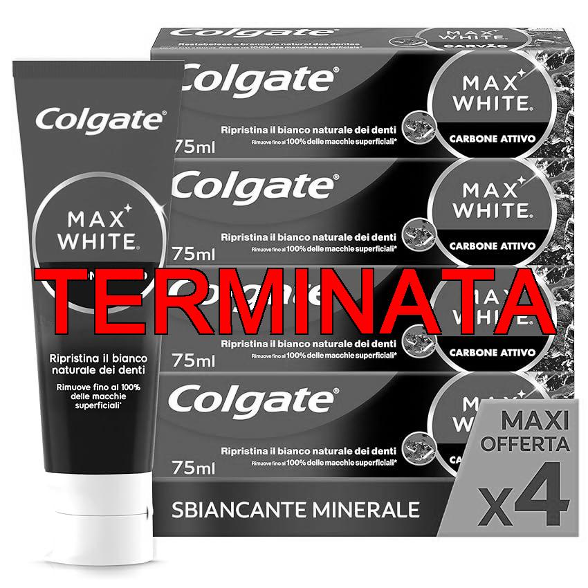 Colgate Dentifricio Sbiancante Max White Carbon 4 Confezioni da 75 ml I Dentifricio Minerale Delicato Al Carbone Attivo Per Denti Bianchil I Sbiancantemento denti I Bianco naturale