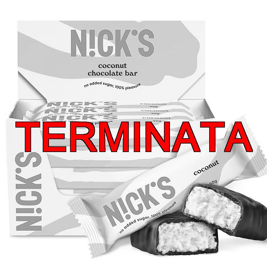 NICKS Keto bar Coconut, Barretta di cocco con cioccolato senza zuccheri aggiunti, senza glutine (15x40g)