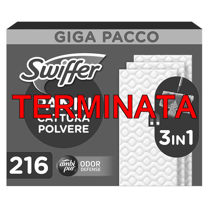 Swiffer Panni Cattura Polvere, 216 Panni Microfibra Dry, Cattura Polvere e Sporco, Ottimo per Tutti i Tipi di Pavimenti e per i Peli di Animali, Giga Formato