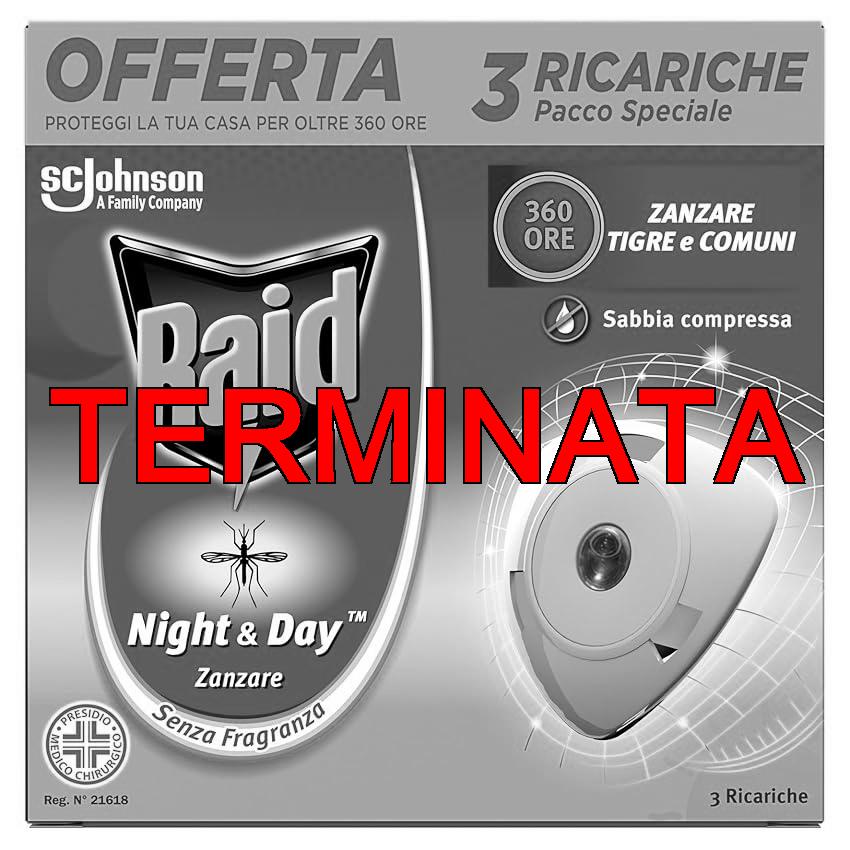Raid Night & Day Ricarica, Antizanzare e Repellente Zanzare Inodore a Sabbia Compressa, Confezione da 3 Ricariche, Senza Profumo
