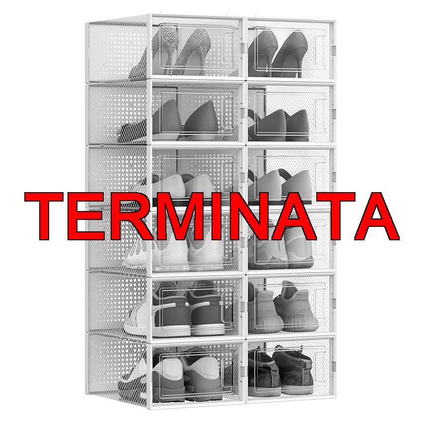 SONGMICS Scatole per Scarpe, Pacco da 12 Contenitori per Scarpe, Organizzatori Pieghevoli e Impilabili, Fino a Taglia 44, Trasparente e Bianco LSP12SWT