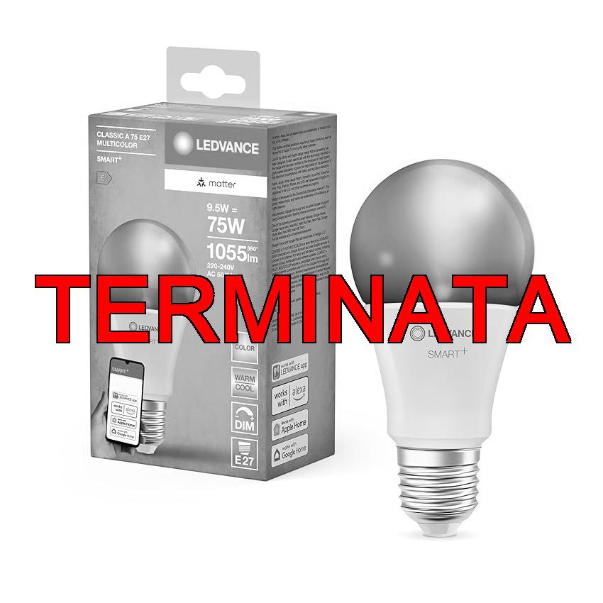 LEDVANCE Lampada LED SMART+ MATTER, smerigliata, 9,5W, 1055lm, forma a goccia E27, luce colorata e luce bianca, compatibile con Google, Alexa, Apple, app o controllo vocale, durata fino a 20.000 ore