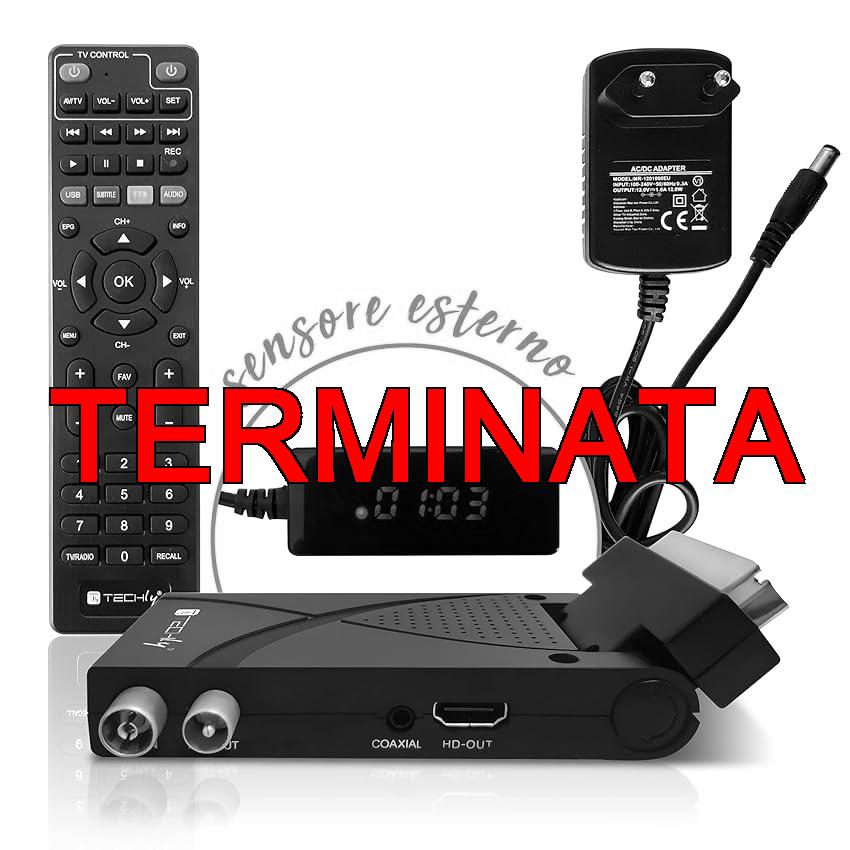 Techly 360981 Decoder Ricevitore Digitale Terrestre DVB-T/T2 H.265 HEVC 10bit USB HDMI Scart 180° e Telecomando Universale 2 in 1 Nero