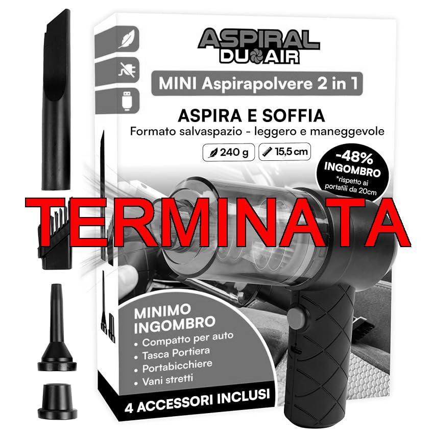 Aspirapolvere Aspirabriciole Senza Fili Auto Casa e Ufficio – Mini Aspiratore e Soffiatore Portatile 2in1 Aspiral DuoAir Ricarica Rapida USB e 4 Accessori Inclusi – Dimensioni 14×15,5×5,5cm