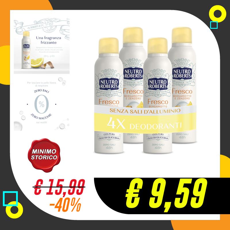 Neutro Roberts Deodorante Spray Fresco Giallo, Bergamotto e Zenzero